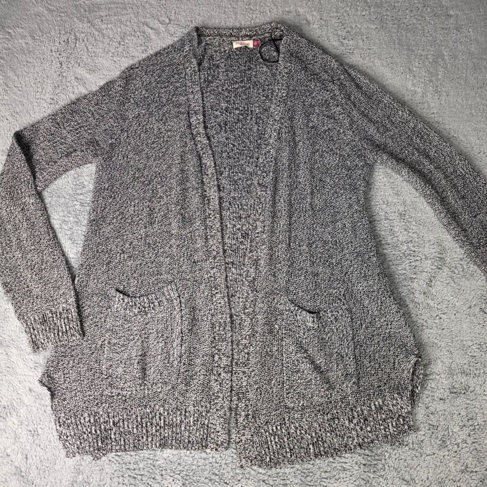 SO‎ Womens Large Cardigan Black White Marled Open Front Pocket Knit Sweater